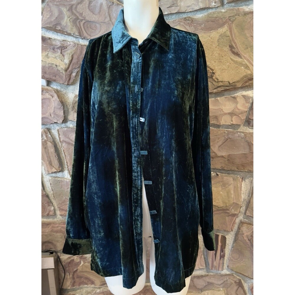 John Mark Crush Velvet Tie Dye Collared Tunic Dark Peacock M EUC Stretchy